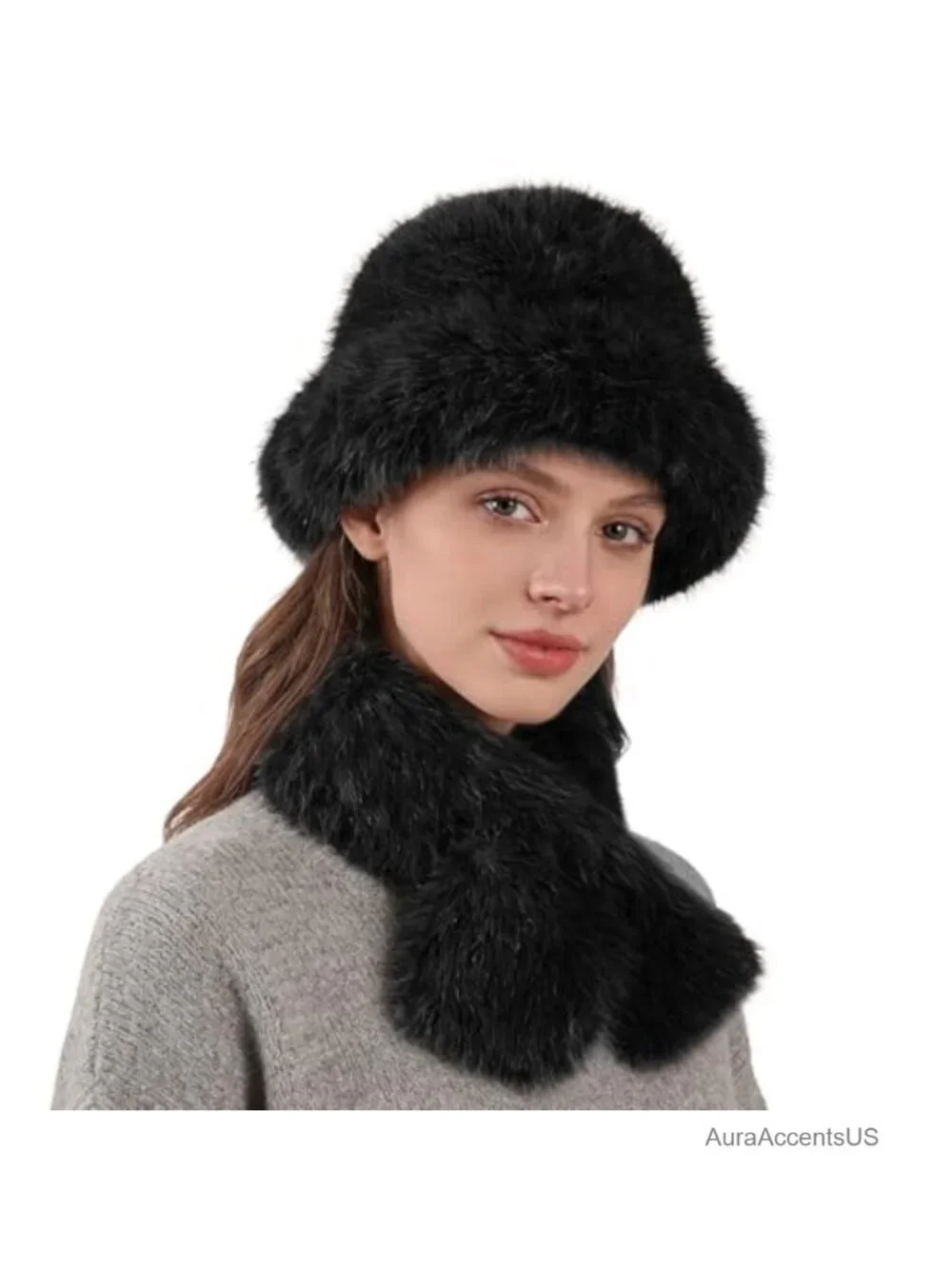 Faux Rabbit Fur Bucket Hat with Collar Scarf Set, Warm Winter Ski Snow Hat for